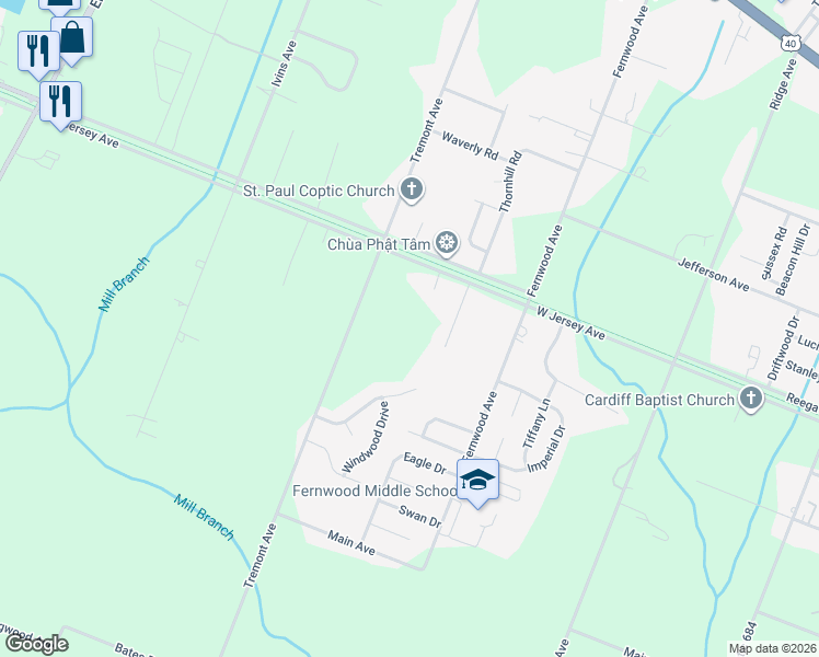 map of restaurants, bars, coffee shops, grocery stores, and more near 4022 Tremont Avenue in Egg Harbor Township