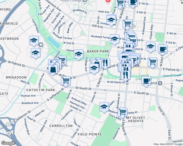 map of restaurants, bars, coffee shops, grocery stores, and more near 248 West Patrick Street in Frederick