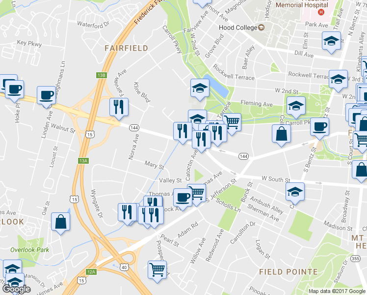 map of restaurants, bars, coffee shops, grocery stores, and more near 506 West Patrick Street in Frederick