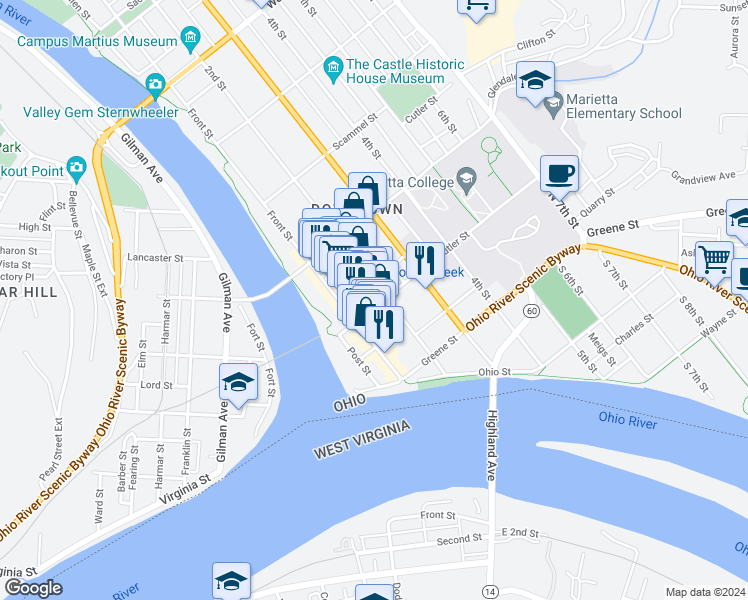 map of restaurants, bars, coffee shops, grocery stores, and more near Tiber Way in Marietta