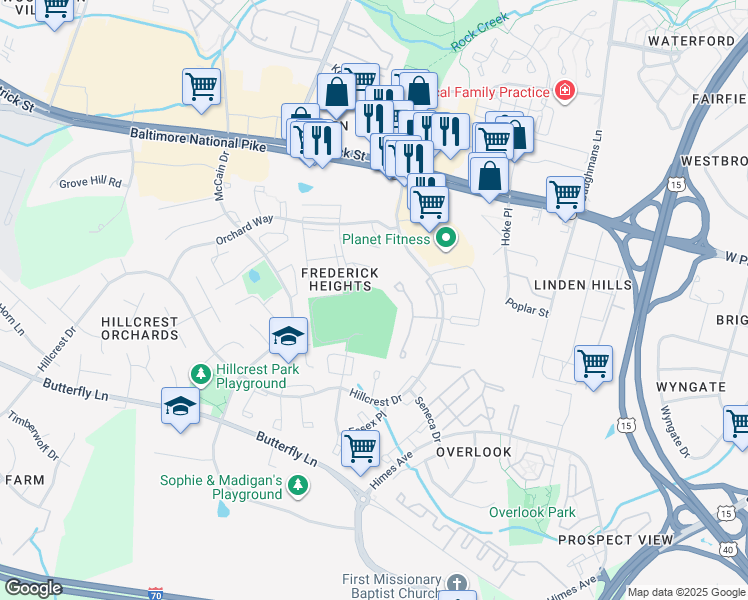 map of restaurants, bars, coffee shops, grocery stores, and more near 100 Motter Street in Frederick