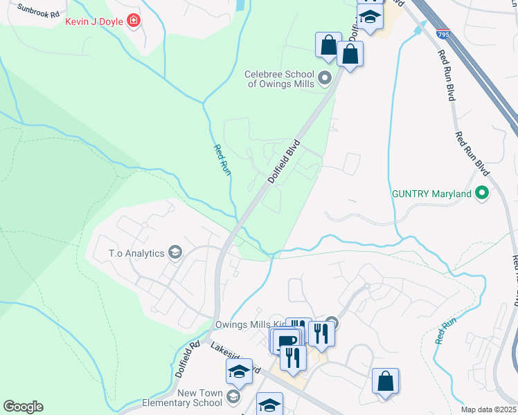 map of restaurants, bars, coffee shops, grocery stores, and more near 9681 Ashlyn Circle in Owings Mills