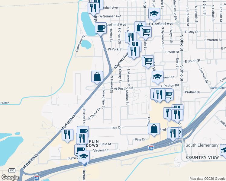 map of restaurants, bars, coffee shops, grocery stores, and more near 390 West Poston Road in Martinsville