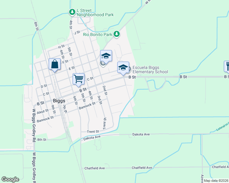 map of restaurants, bars, coffee shops, grocery stores, and more near 355 Aleut Street in Biggs