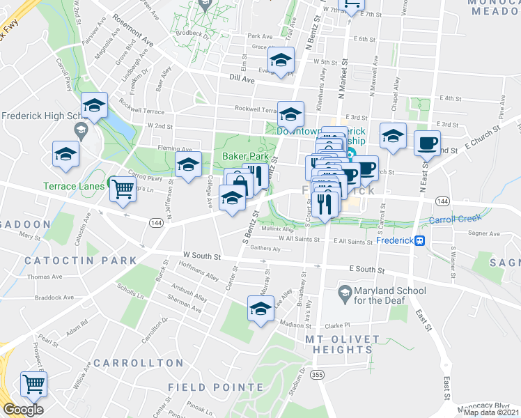 map of restaurants, bars, coffee shops, grocery stores, and more near 6 South Bentz Street in Frederick