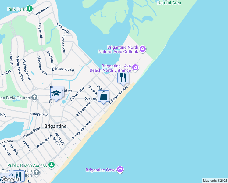 map of restaurants, bars, coffee shops, grocery stores, and more near 209 11th Street North in Brigantine