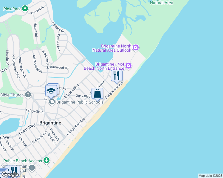 map of restaurants, bars, coffee shops, grocery stores, and more near 1101 East Brigantine Avenue in Brigantine