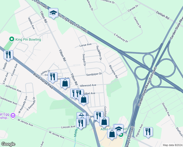 map of restaurants, bars, coffee shops, grocery stores, and more near 108 Woodpecker Road in Egg Harbor Township