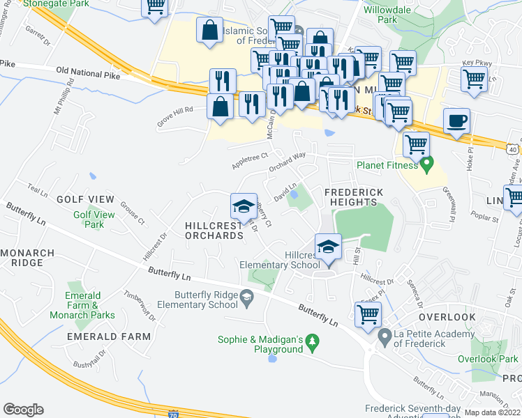 map of restaurants, bars, coffee shops, grocery stores, and more near Mulberry Court in Frederick