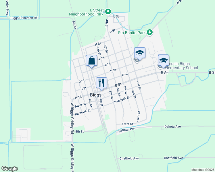 map of restaurants, bars, coffee shops, grocery stores, and more near 476 B Street in Biggs