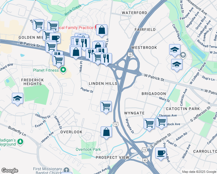 map of restaurants, bars, coffee shops, grocery stores, and more near 902 Chestnut Street in Frederick