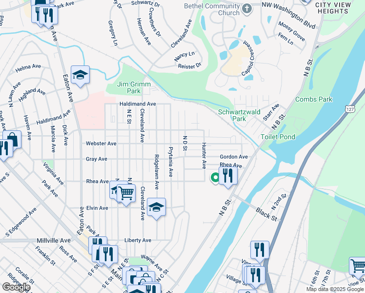 map of restaurants, bars, coffee shops, grocery stores, and more near 717 North D Street in Hamilton