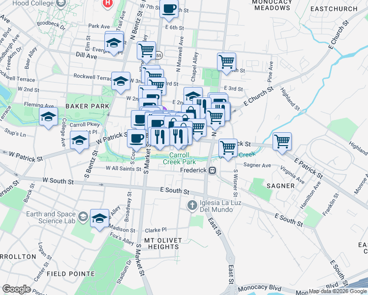 map of restaurants, bars, coffee shops, grocery stores, and more near 15 South Carroll Street in Frederick