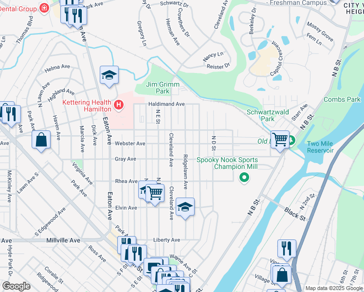 map of restaurants, bars, coffee shops, grocery stores, and more near 725 Ridgelawn Avenue in Hamilton