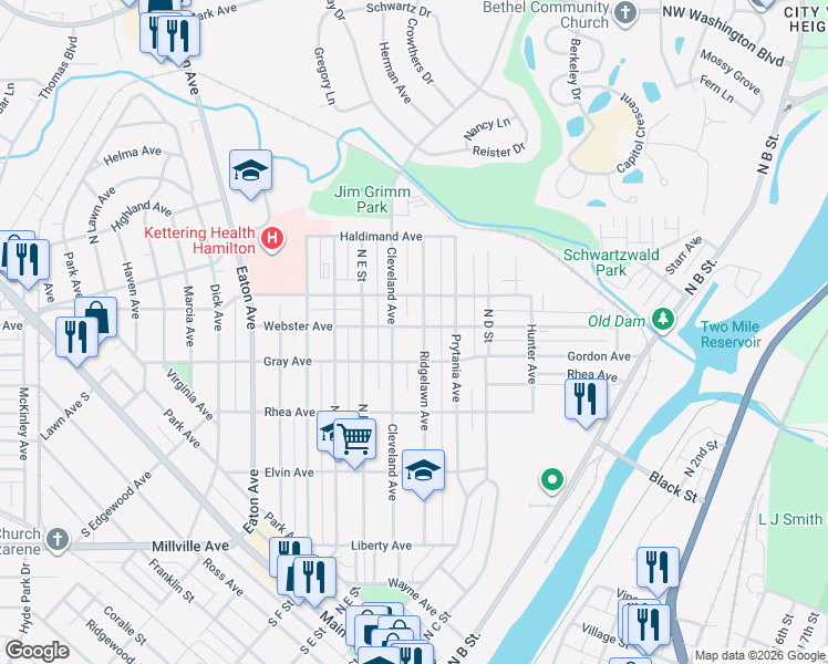 map of restaurants, bars, coffee shops, grocery stores, and more near 805 Ridgelawn Avenue in Hamilton
