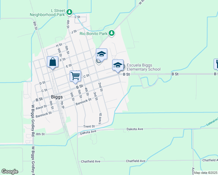 map of restaurants, bars, coffee shops, grocery stores, and more near 355 Aleut Street in Biggs