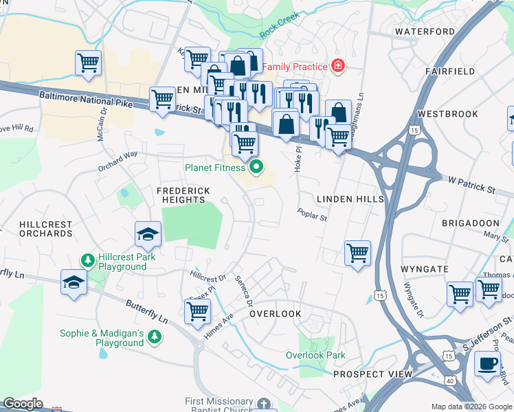 map of restaurants, bars, coffee shops, grocery stores, and more near 1076 Redfield Court in Frederick