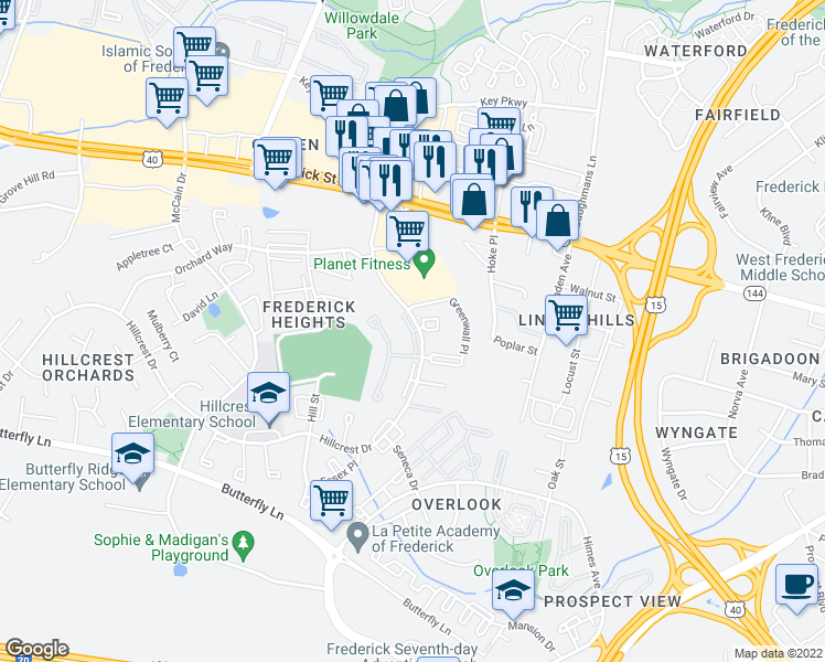 map of restaurants, bars, coffee shops, grocery stores, and more near 21 Consett Place in Frederick