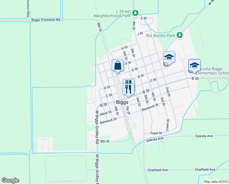 map of restaurants, bars, coffee shops, grocery stores, and more near 513 D Street in Biggs