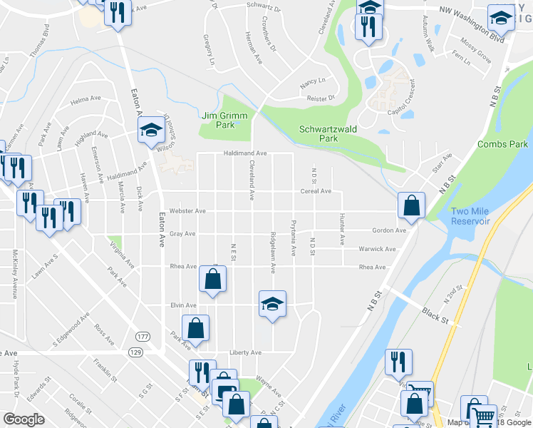 map of restaurants, bars, coffee shops, grocery stores, and more near 805 Ridgelawn Avenue in Hamilton