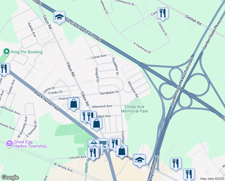 map of restaurants, bars, coffee shops, grocery stores, and more near 108 Woodpecker Road in Egg Harbor Township