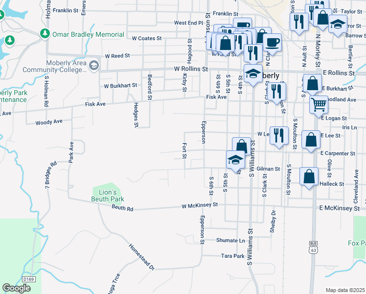 map of restaurants, bars, coffee shops, grocery stores, and more near 701 West Carpenter Street in Moberly