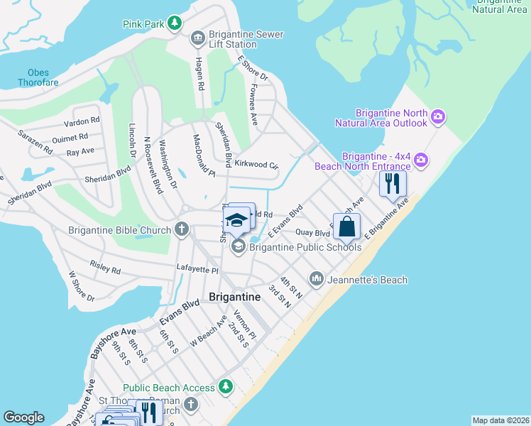 map of restaurants, bars, coffee shops, grocery stores, and more near 49 Heald Road in Brigantine
