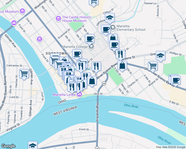 map of restaurants, bars, coffee shops, grocery stores, and more near 114 4th Street in Marietta