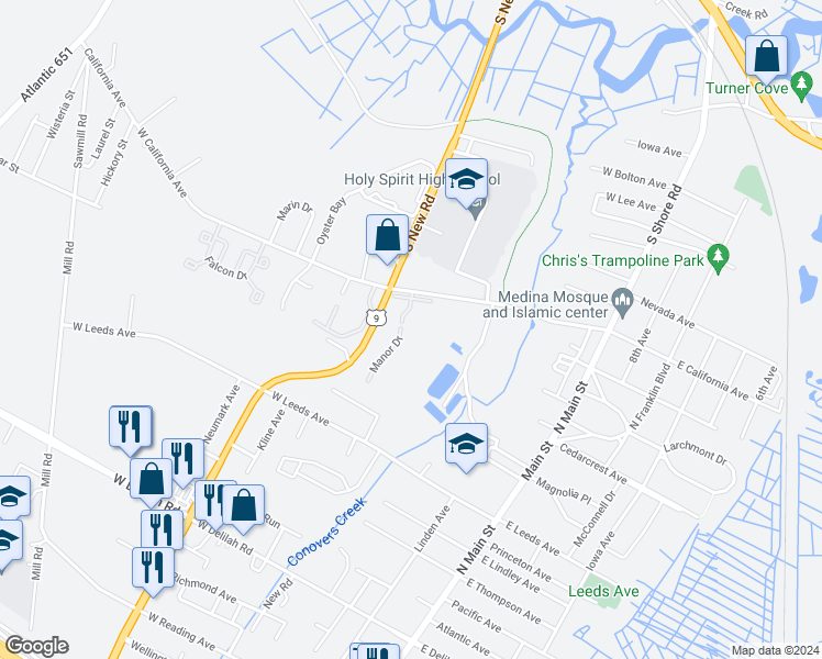 map of restaurants, bars, coffee shops, grocery stores, and more near 352 Manor Drive in Absecon