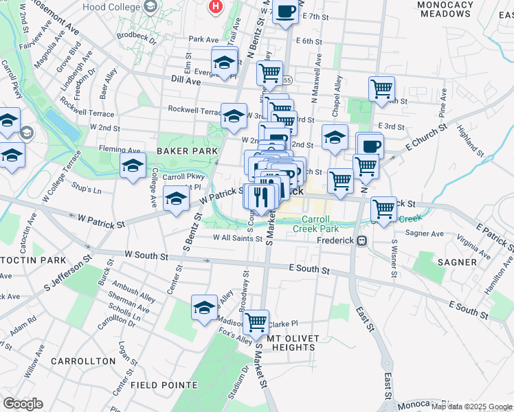 map of restaurants, bars, coffee shops, grocery stores, and more near 2 South Court Street in Frederick