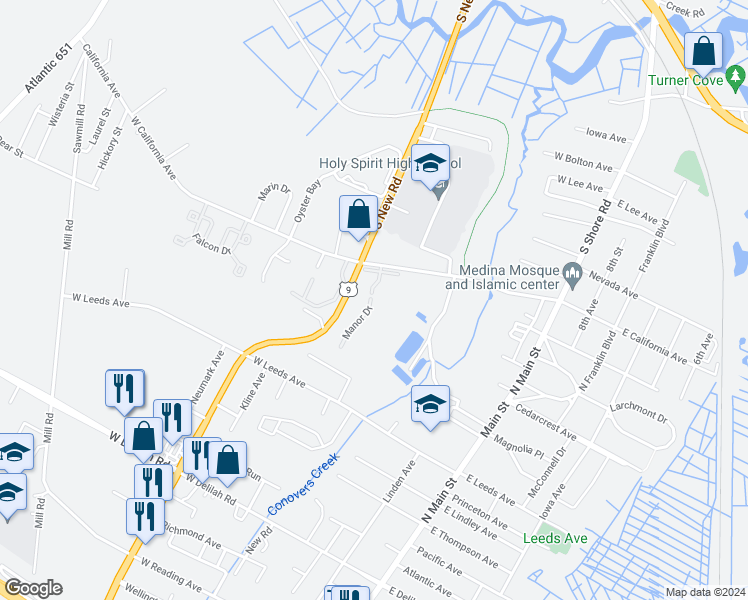 map of restaurants, bars, coffee shops, grocery stores, and more near 306 Manor Drive in Absecon