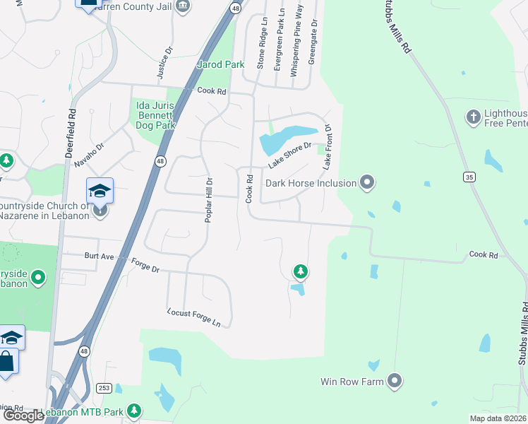 map of restaurants, bars, coffee shops, grocery stores, and more near 1179 Lake Field Drive in Lebanon