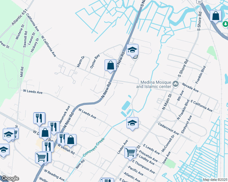map of restaurants, bars, coffee shops, grocery stores, and more near 2 Manor Drive in Absecon