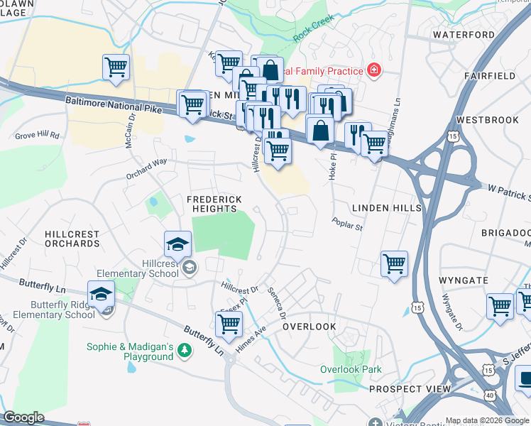 map of restaurants, bars, coffee shops, grocery stores, and more near 18 North Pendleton Court in Frederick
