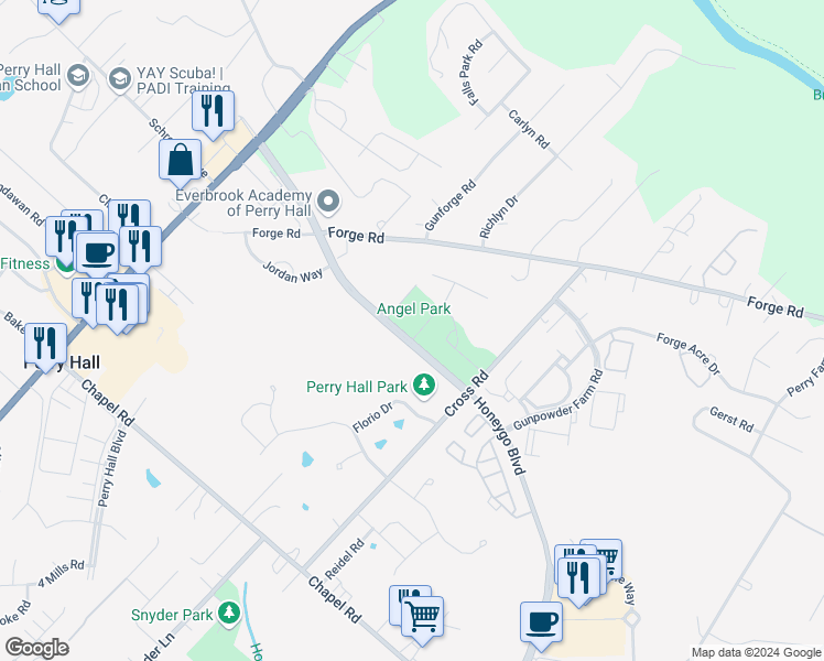 map of restaurants, bars, coffee shops, grocery stores, and more near 9600 Wickstead Court in Perry Hall