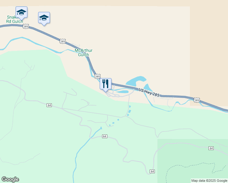 map of restaurants, bars, coffee shops, grocery stores, and more near 57920 US Highway 285 in Bailey