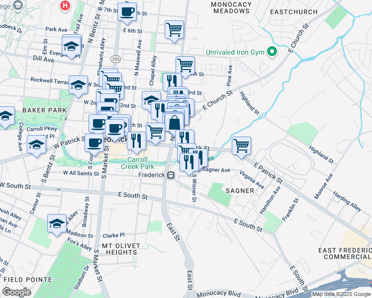 map of restaurants, bars, coffee shops, grocery stores, and more near 326 East Patrick Street in Frederick