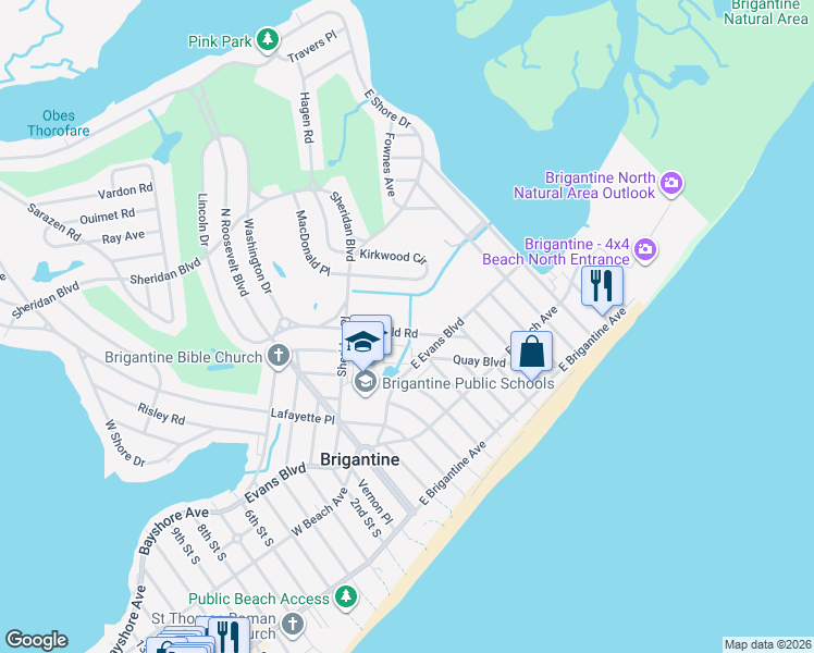 map of restaurants, bars, coffee shops, grocery stores, and more near 49 Heald Road in Brigantine