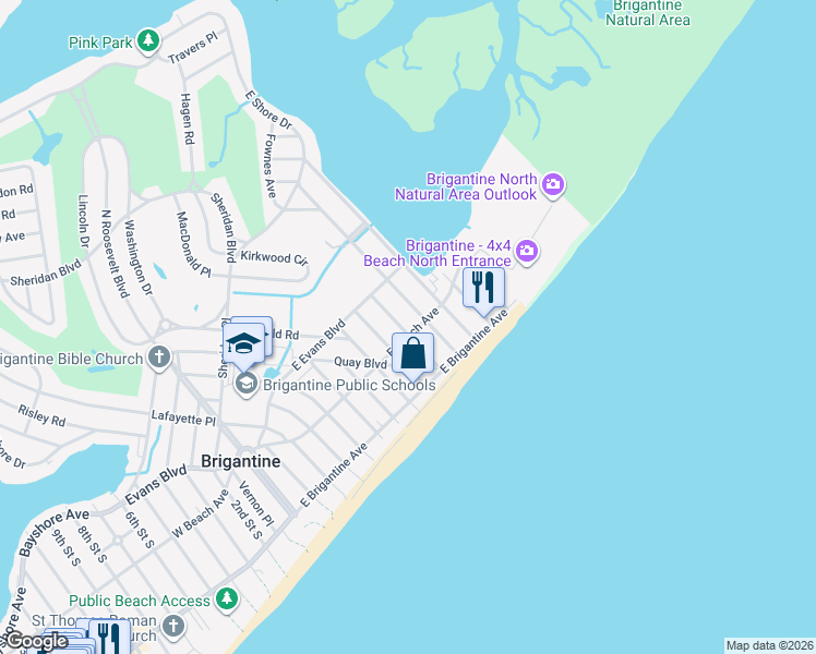 map of restaurants, bars, coffee shops, grocery stores, and more near 1007 East Beach Avenue in Brigantine