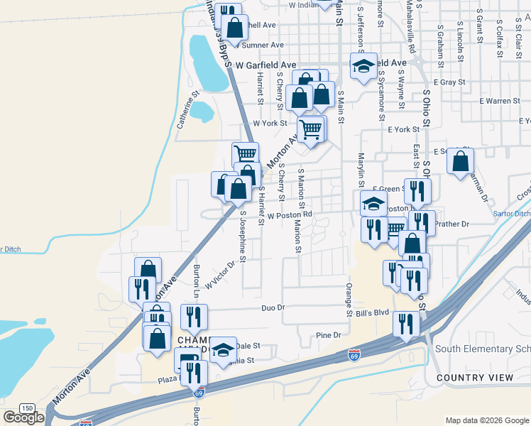 map of restaurants, bars, coffee shops, grocery stores, and more near 390 West Poston Road in Martinsville