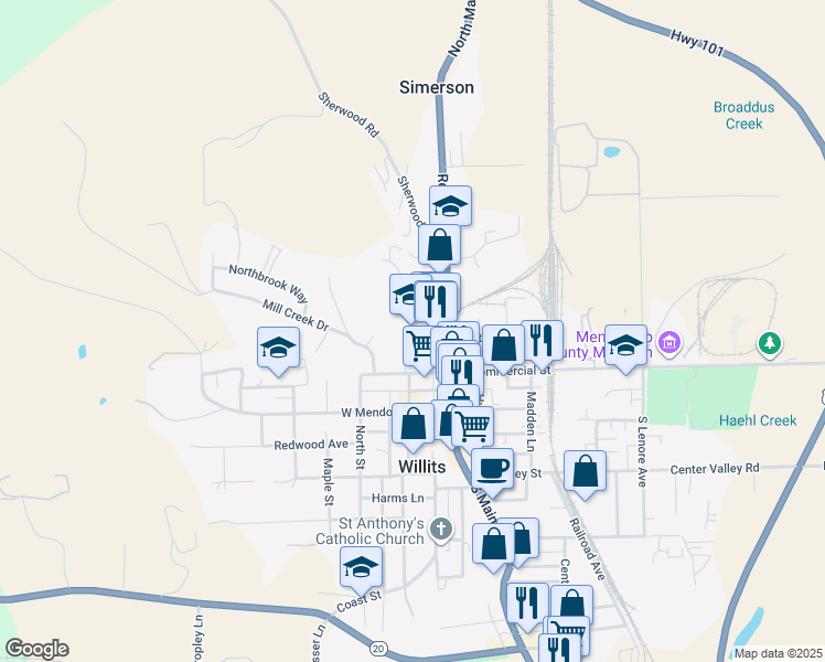 map of restaurants, bars, coffee shops, grocery stores, and more near 120 North Main Street in Willits