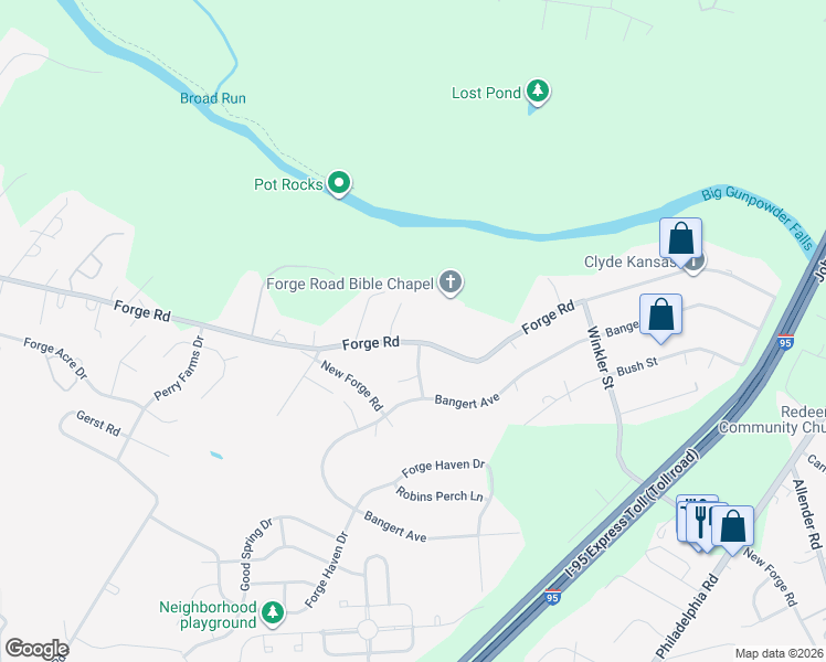 map of restaurants, bars, coffee shops, grocery stores, and more near 5034 Forge Road in Perry Hall