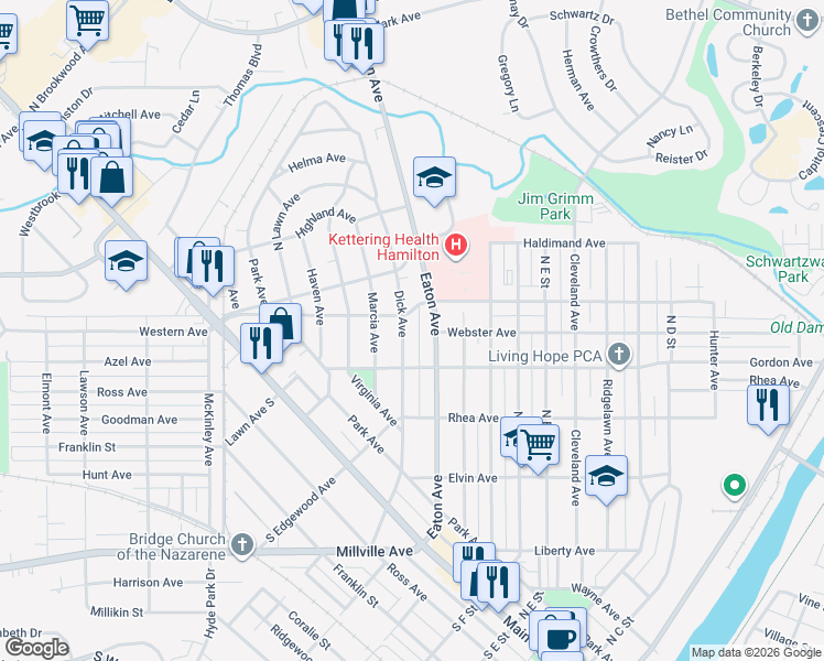 map of restaurants, bars, coffee shops, grocery stores, and more near 450 Dick Avenue in Hamilton