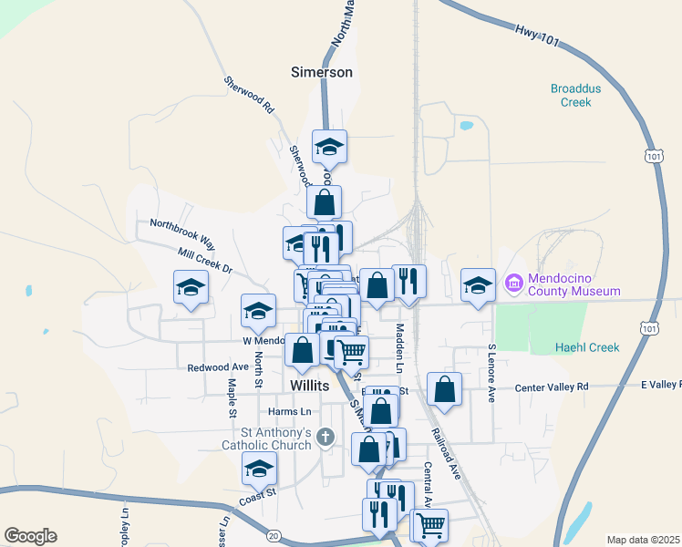 map of restaurants, bars, coffee shops, grocery stores, and more near 103 South Main Street in Willits