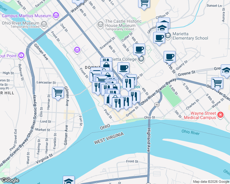 map of restaurants, bars, coffee shops, grocery stores, and more near 200 2nd Street in Marietta