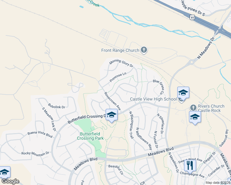 map of restaurants, bars, coffee shops, grocery stores, and more near 3798 Sawgrass Trail in Castle Rock