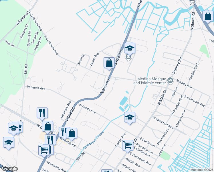 map of restaurants, bars, coffee shops, grocery stores, and more near 46 Manor Drive in Absecon