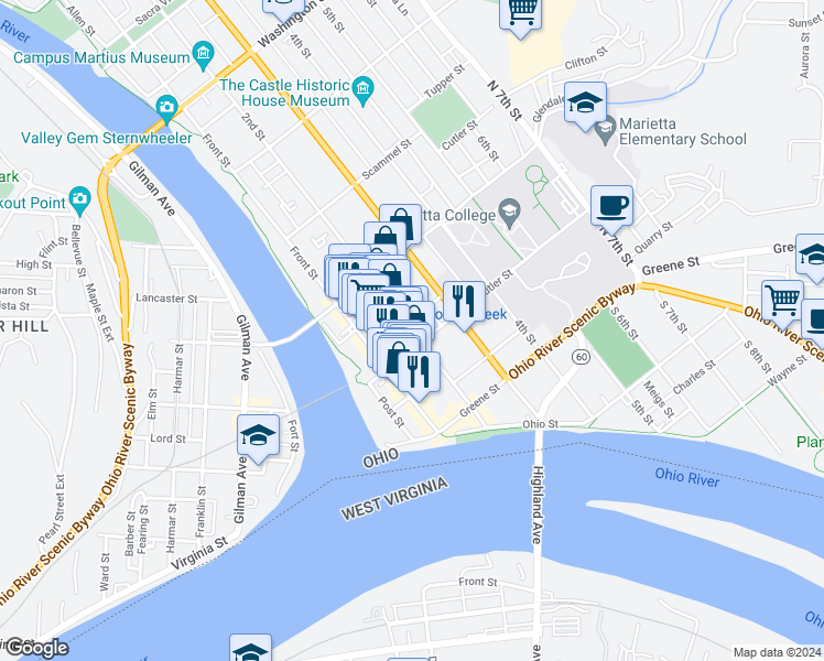 map of restaurants, bars, coffee shops, grocery stores, and more near 1 Tiber Way in Marietta