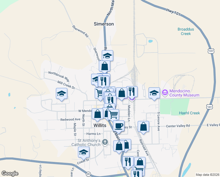 map of restaurants, bars, coffee shops, grocery stores, and more near 103 South Main Street in Willits
