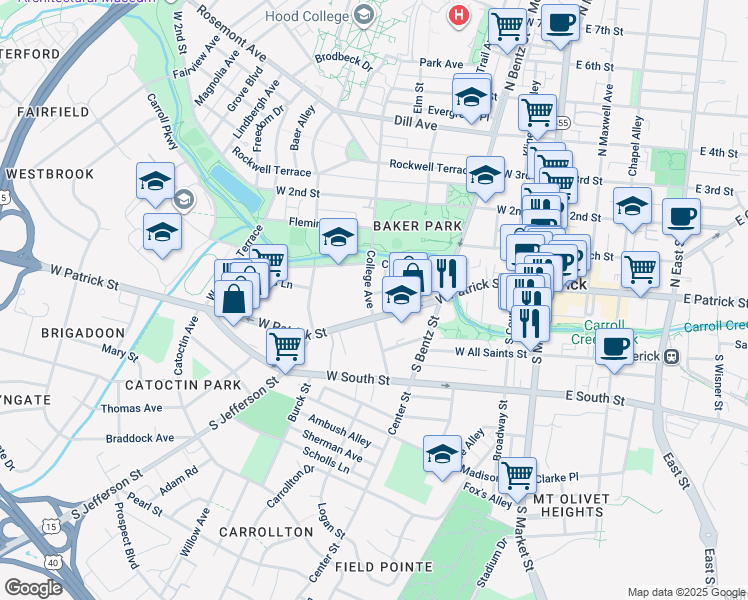 map of restaurants, bars, coffee shops, grocery stores, and more near 5 College Avenue in Frederick